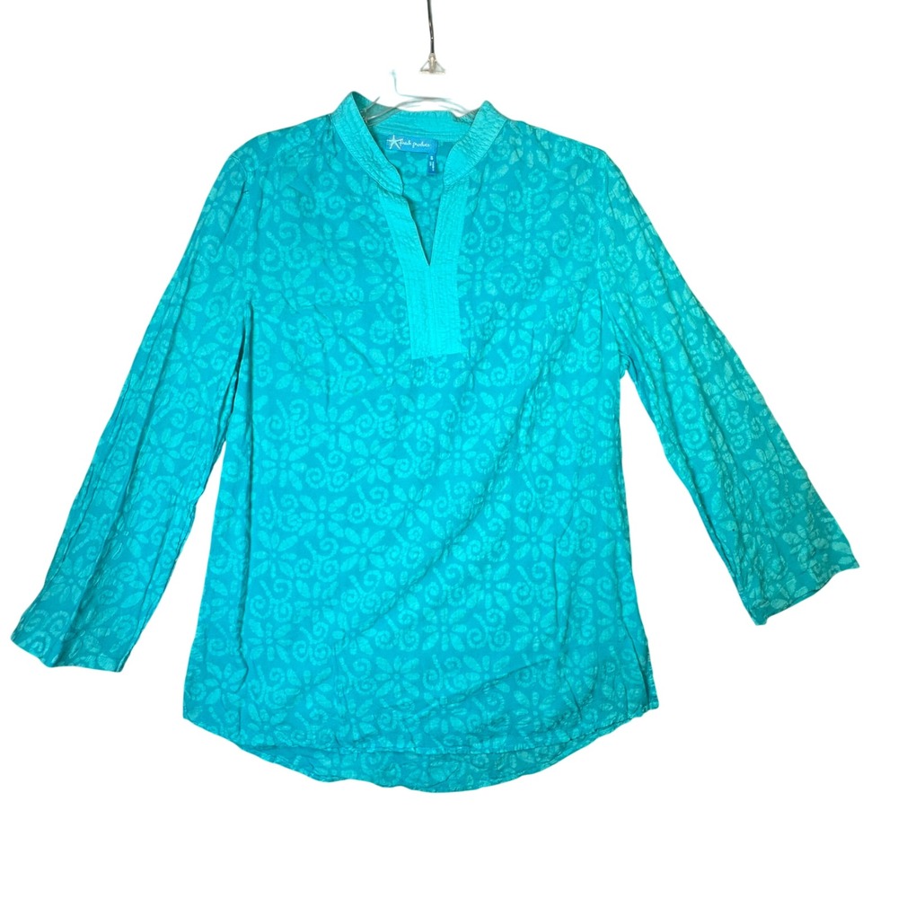 Fresh Produce Cotton Floral Batik Tunic Split V-Neck Coastal Blue Small Bohemian